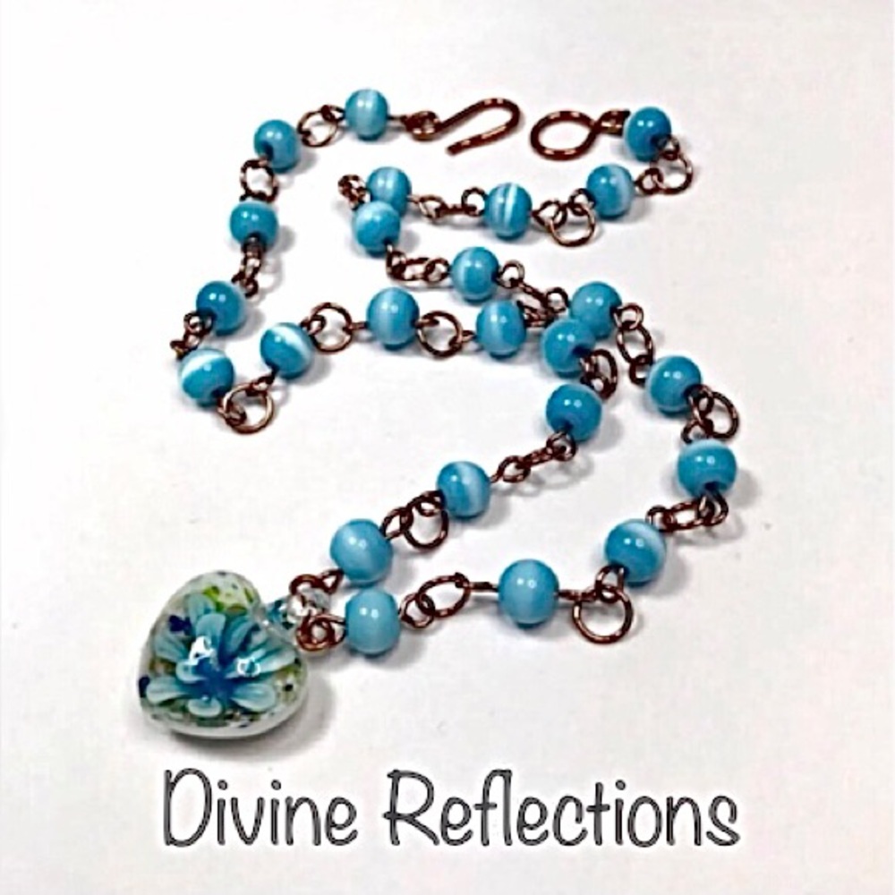 Blue Heart Necklace,Lampwork Heart Pendant,Bead Chain